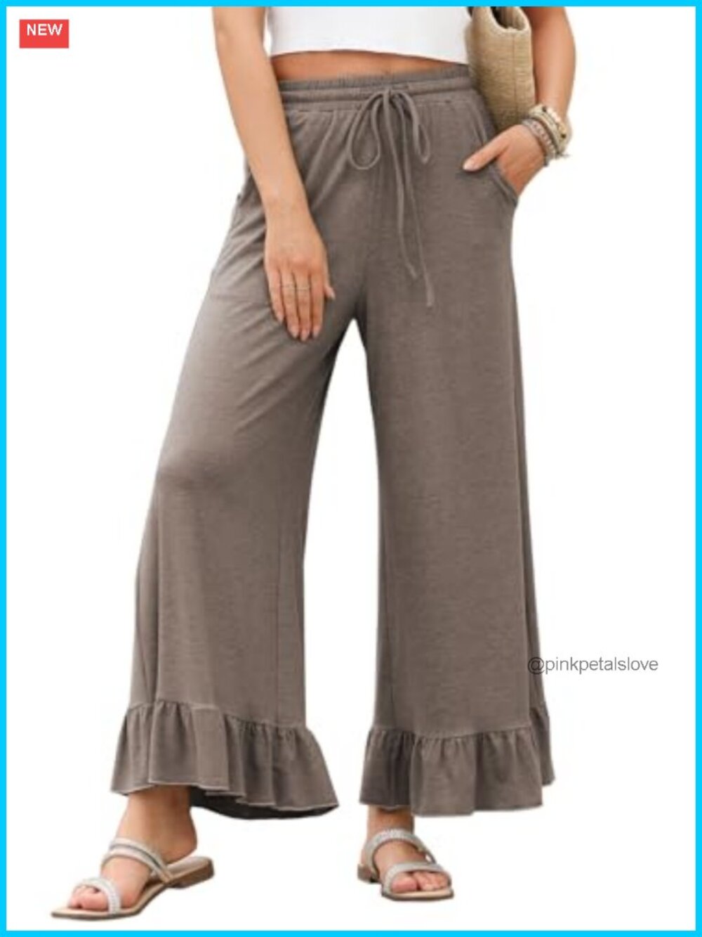 Wide Leg Palazzo Pants Ruffle Hem Drawstring Waist Side Pockets Pull On